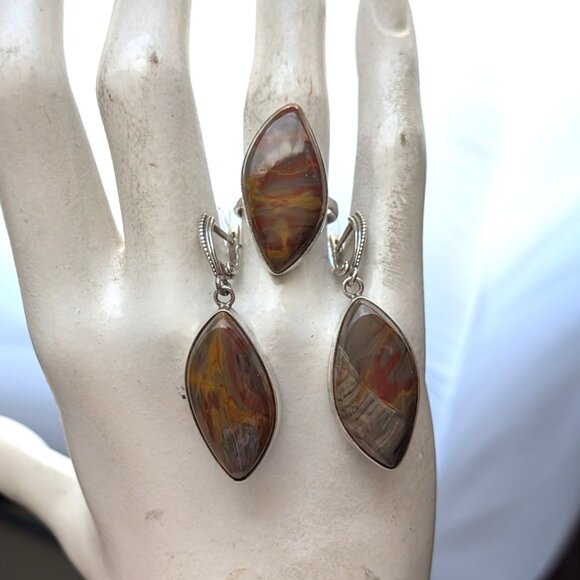 NWT Russian Russia Sterling Silver 925 Brown Grey Jasper Earrings And Ring Set - Picture 5 of 16